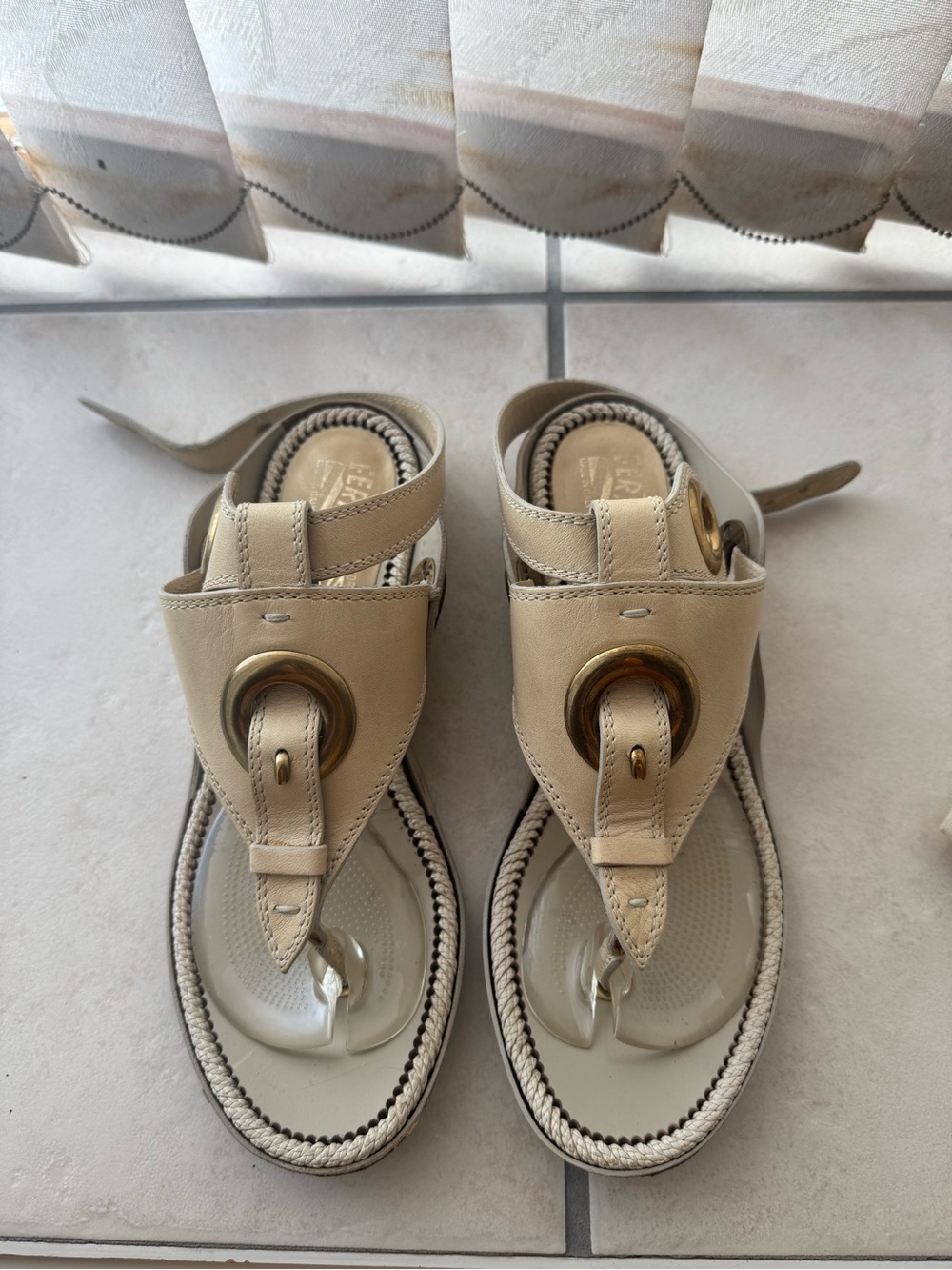 Ferragamo Leather Thong Sandals with Metal Ring Accent